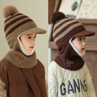 儿童秋冬季带围脖的帽子一体帽女童保暖男童护耳针织帽宝宝毛线帽