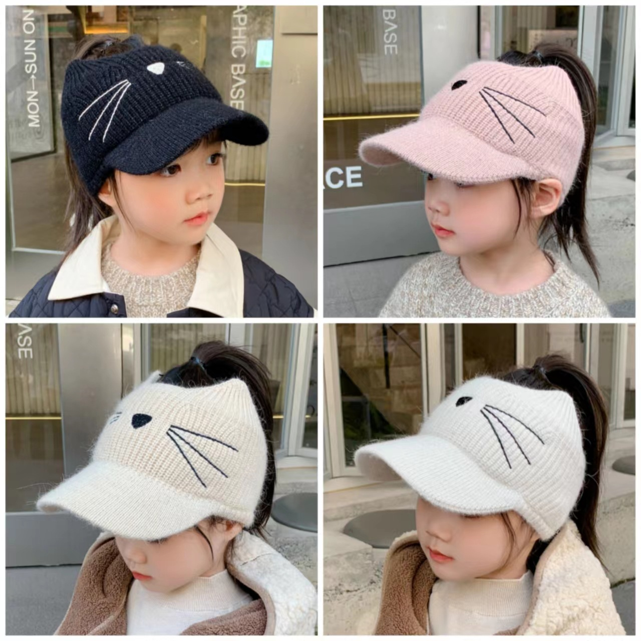 秋冬季保暖宝宝空顶毛线帽女童针织帽子女孩棒球帽可爱猫咪扎马尾
