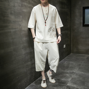 男夏季 汉服刺绣唐装 短袖 亚麻家居服中式 七分裤 中国风棉麻睡衣套装