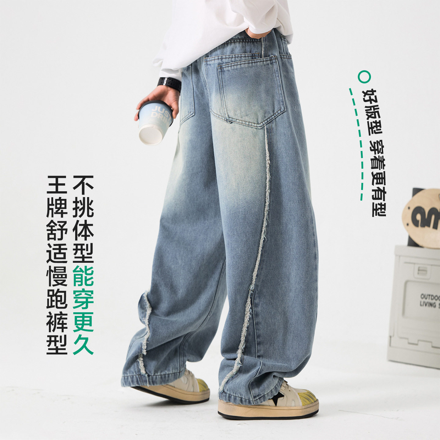 男童春季韩范直筒拼接弯刀牛仔裤2026新款初中生儿童阔腿宽松裤子