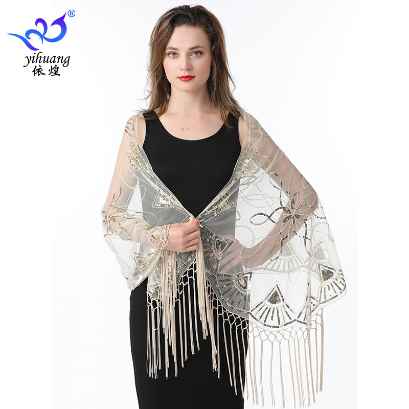 依煌网纱亮片披肩长款流苏披肩
