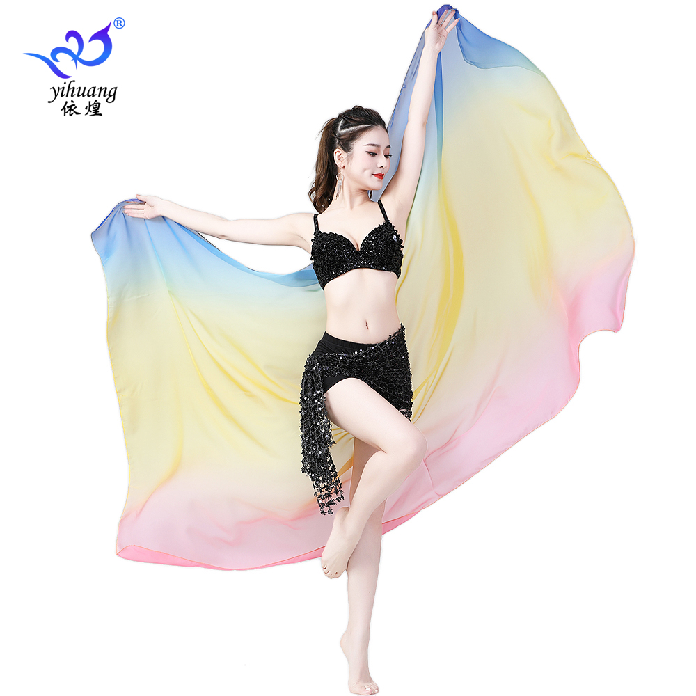 新品肚皮舞加大加宽仿真丝舞蹈表演出练习手抛纱巾渐变七彩丝巾女