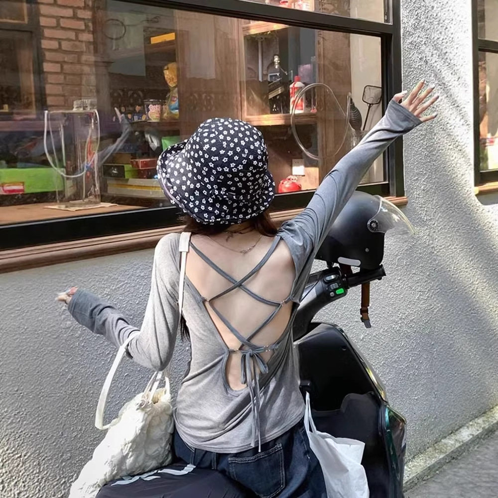 长袖T恤女性感纯欲纯色镂空系带设计感专供外贸跨境东南亚欧美风