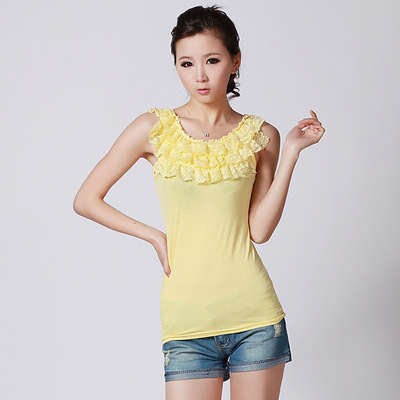 春秋季韩版莫代尔蕾丝花边纯色女士打底衫 修身运动小背心 学生