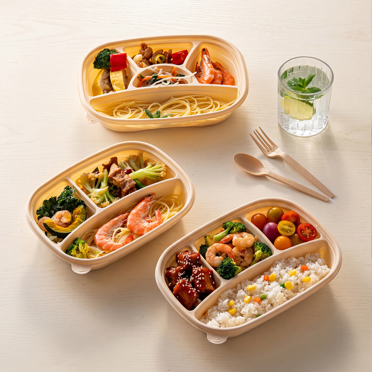 onlycook玉米淀粉一次性饭盒分格餐盒食品级微波炉加热午餐打包盒