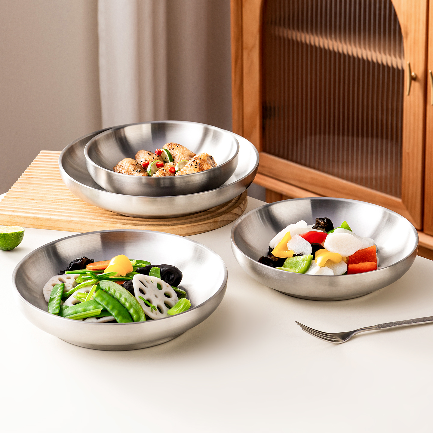 onlycook双层加厚304不锈钢盘子