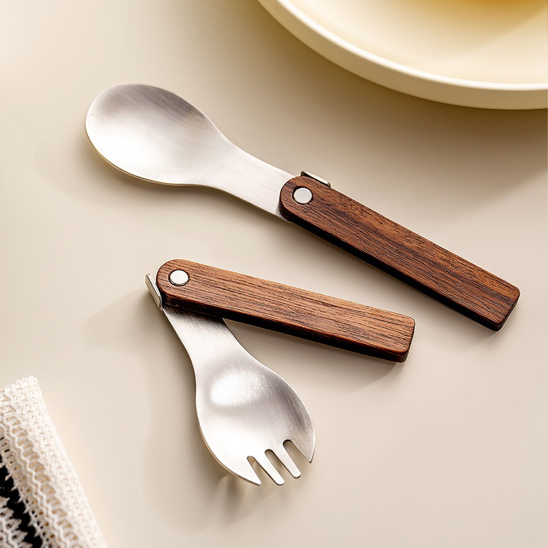 onlycook可折叠便携叉子勺子套装胡桃木柄304不锈钢户外露营餐具