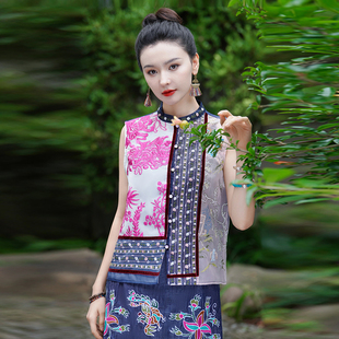 夏装新中式国风真丝纺欧根纱撞色背心女无袖立领马夹外套短款上衣