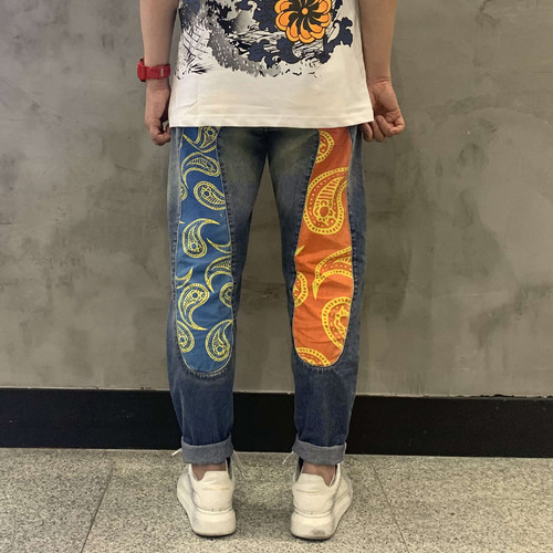 拼接刺绣印花大logo水洗牛仔长裤