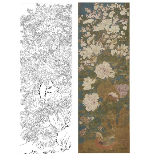 工笔画底稿花鸟竖幅 玉堂富贵图高清白描170#打印稿学习临摹