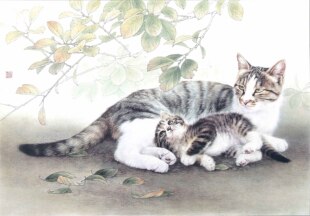 工笔国画底稿 邢诚爱工笔猫母子白描2#打印稿宣纸稿学习临摹