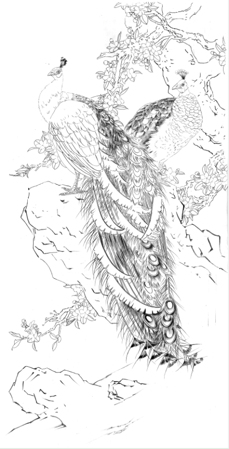 工笔画底稿花鸟四尺六尺孔雀竖幅白描3#打印稿学习临摹