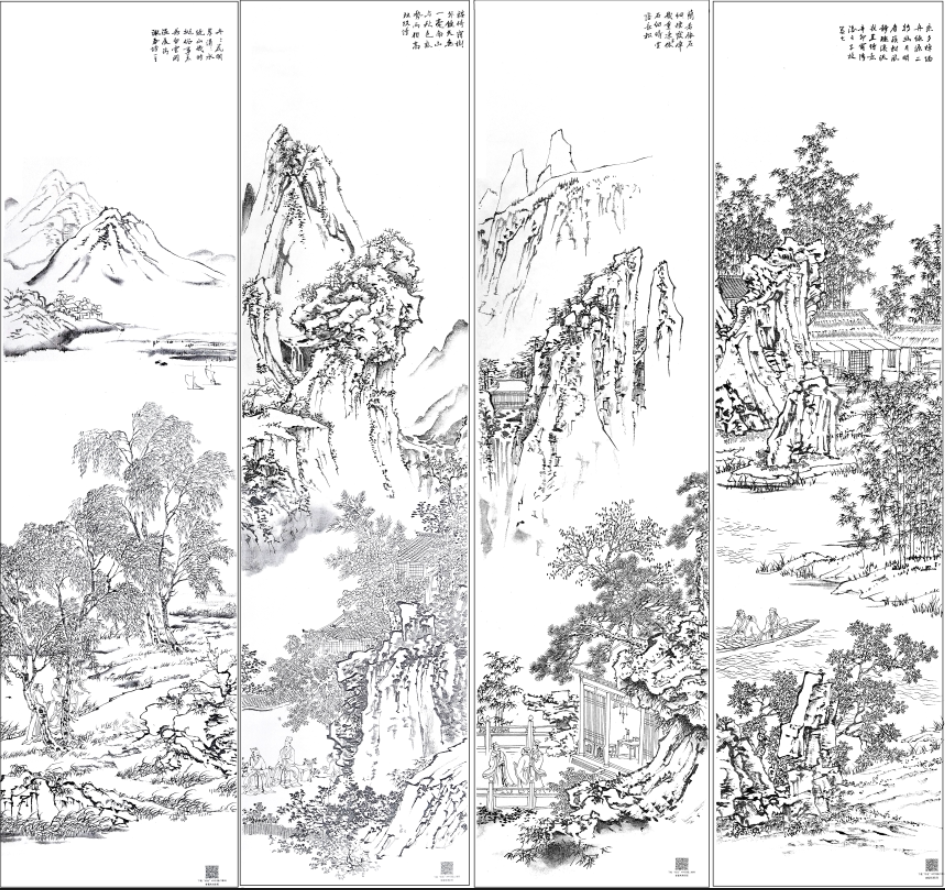 山水画底稿 李子牧山水四条屏白描底稿打印稿学习临摹