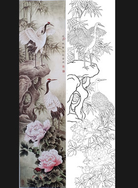工笔画底稿 仙鹤牡丹翠竹条屏竖副白描1#打印稿宣纸稿学习临摹