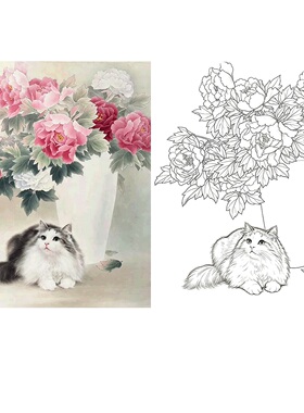 工笔画底稿牡丹小猫斗方参考白描
