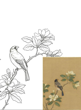 工笔画底稿明 仇英栀枝桑鸣图小品白描215#打印稿宣纸稿