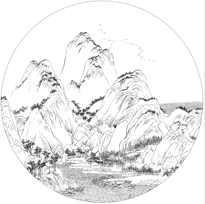 工笔画底稿北宋王希孟千里江山图高清局部团扇白描打印稿有步骤图