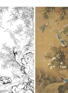 工笔画底稿花鸟辽代花鸟图竖副白描173#打印稿宣纸稿线稿学习临摹