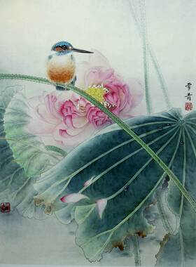 工笔画底稿花鸟小品 荷花翠鸟白描 9#打印稿毛笔勾线宣纸稿
