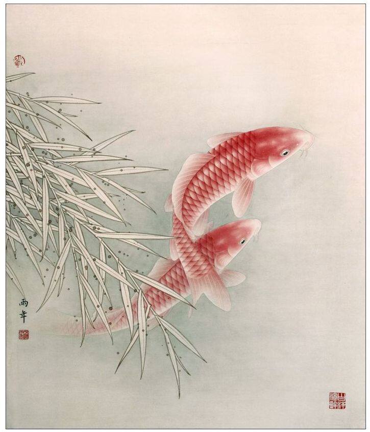 工笔画底稿 路雨年工笔 红鲤鱼白描打印稿2#有步骤图