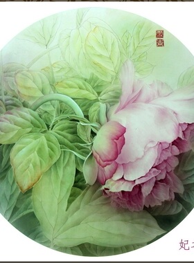工笔画底稿花鸟小品 牡丹团扇小品白描13#打印稿毛笔勾线宣纸稿