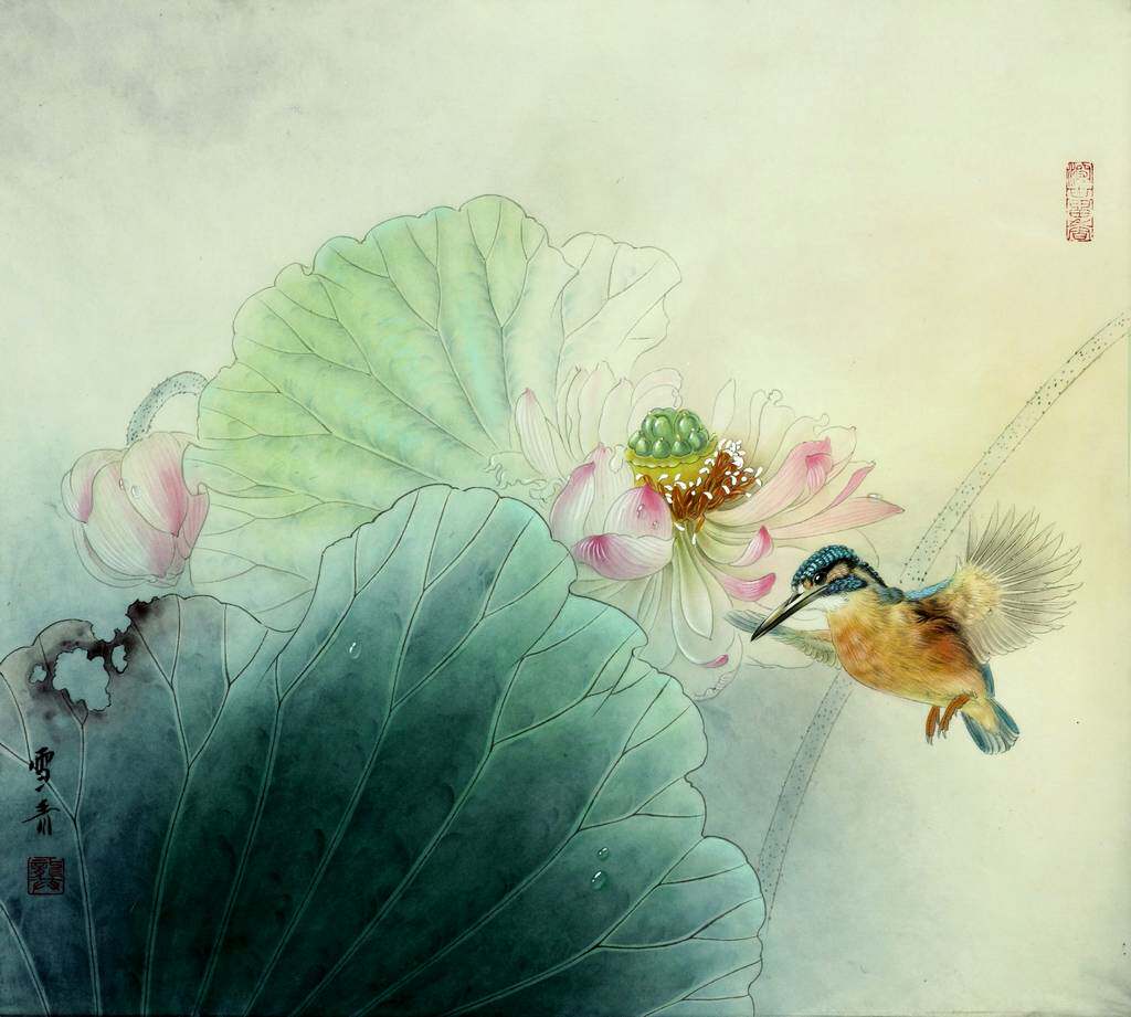 工笔画底稿龚雪荷花翠鸟斗方白描