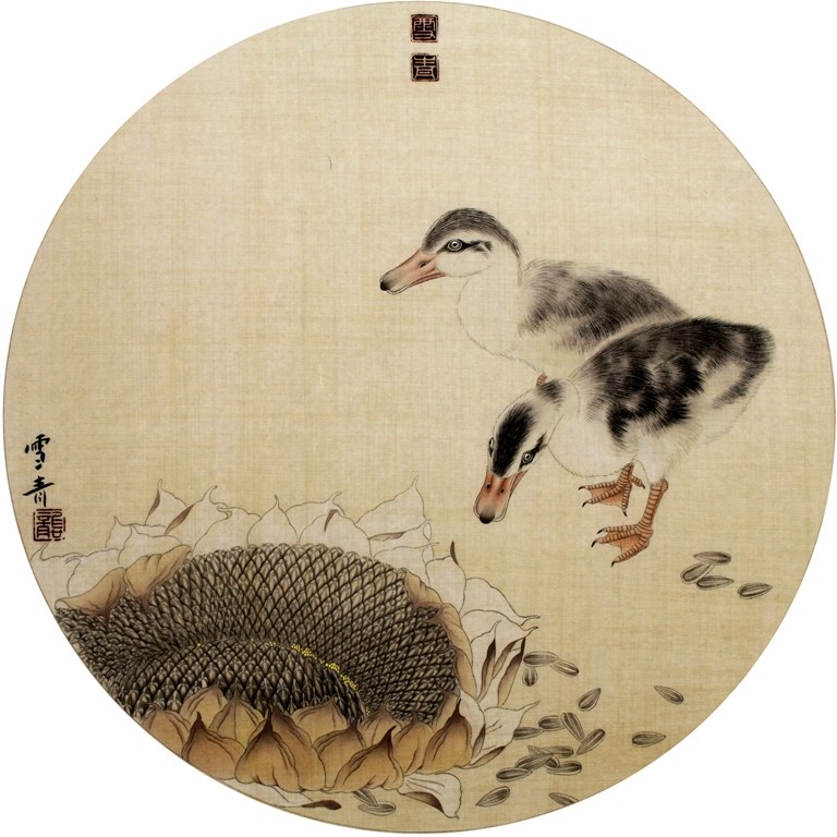 工笔画底稿 龚雪青 雏鸭葵花籽团扇小品白描18#打印稿宣纸稿