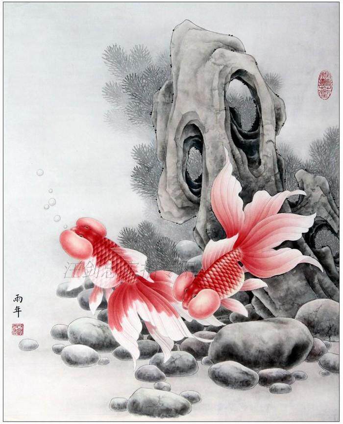 工笔画底稿 路雨年 工笔金鱼白描5#打印稿毛笔勾线宣纸稿有步骤图