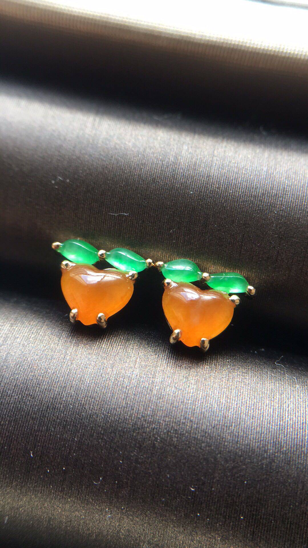 【赏】木易日辰 天然翡翠A货芬达黄翡18K金桃子耳钉