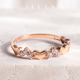 甜甜心心相印 玥景18K金玫瑰金彩金锆石爱心形情侣女戒指环礼物