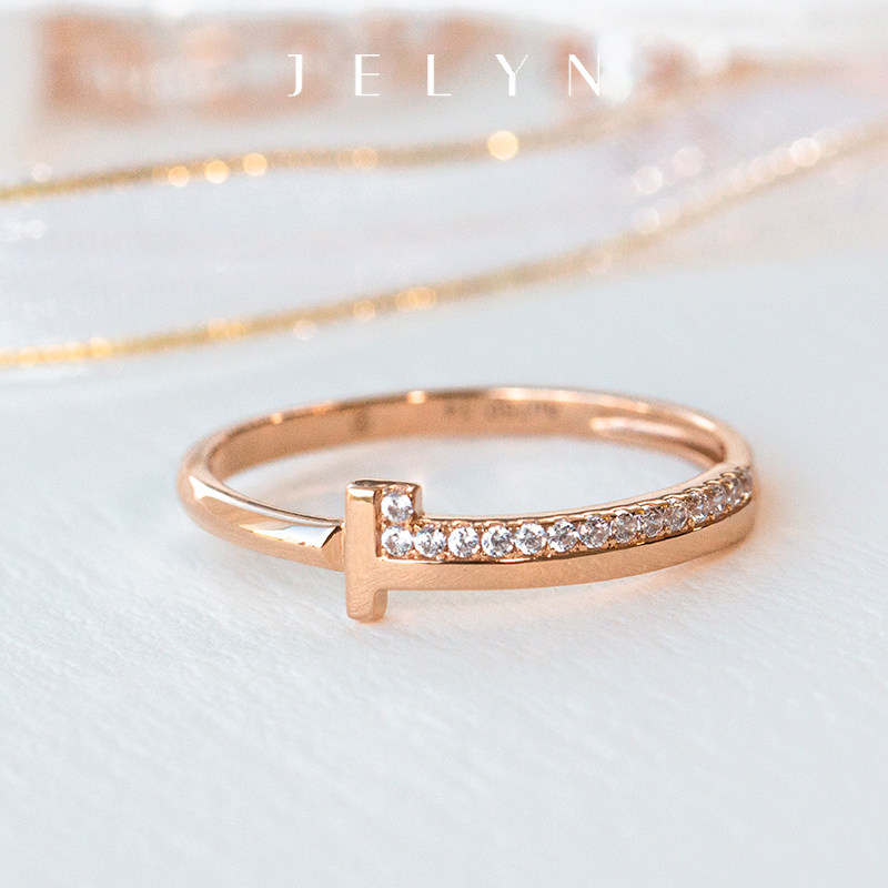 甜酷帅气设计质感玥景18k玫瑰金750彩金网红大牌t型锆石尾戒指环