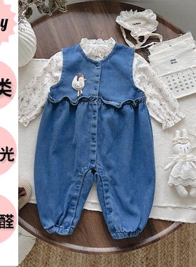 秋季套装休闲女童新款牛仔背带裤