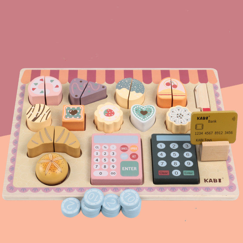 木制仿真过家家男孩女孩下午茶甜点甜品摊收银机食物切切组合玩具