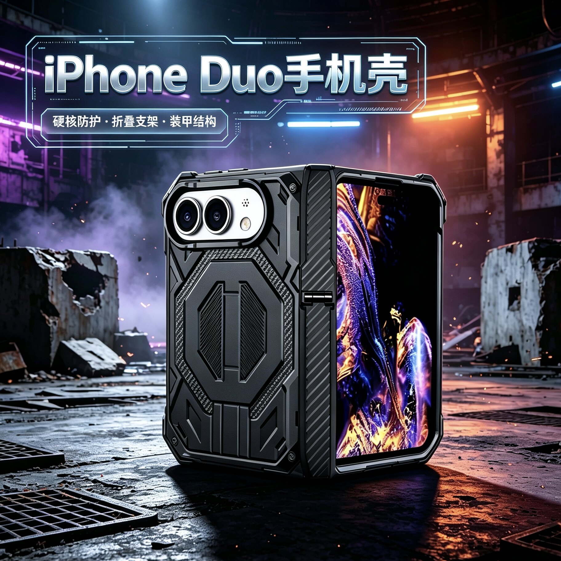 适用iPhone Duo手机壳折叠屏前后全包边框防摔新款潮牌男女款duo带支架磁吸充电带挂绳苹果Duo三防高端保护套