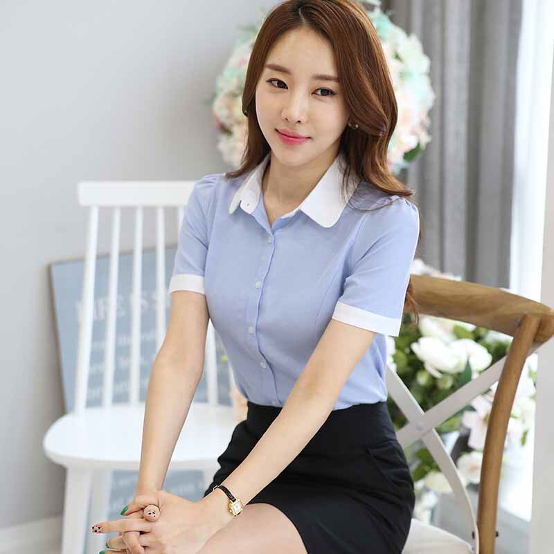 春夏白领衬衫女蓝色上衣刺绣衬衣气质工作服职业寸衫工装上班商务