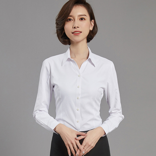 蓝色白领衬衫女职业气质条纹OL衬衣v领工作服长袖大码工装寸正装