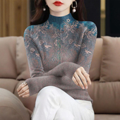 半高领气质百搭秋装 内搭外穿印花遮肚T恤女 新款 女领长袖 打底衫