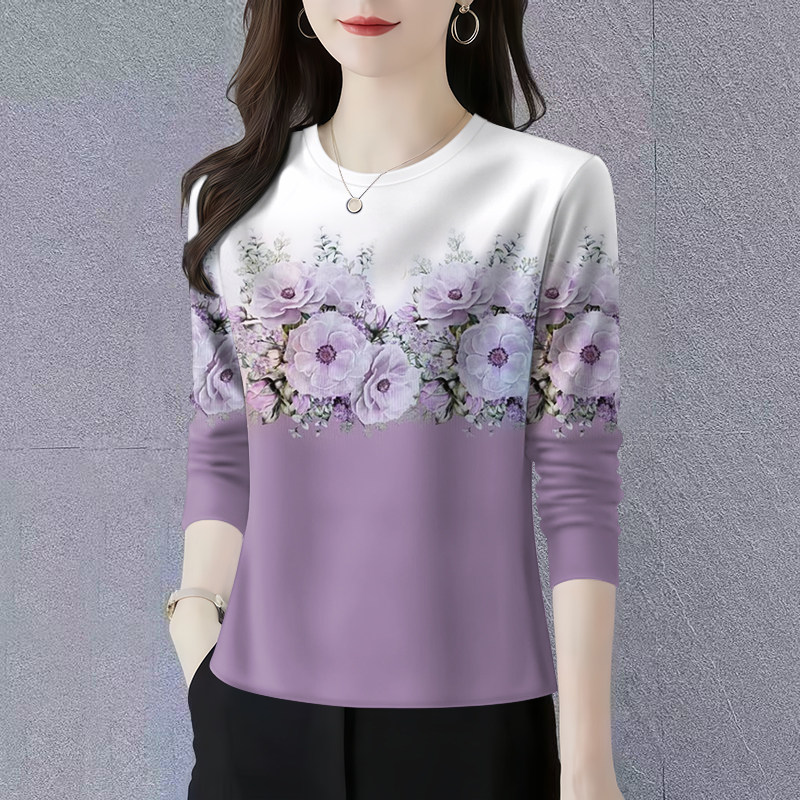 捡漏新品长袖2025印花减龄圆领春秋妈妈t恤遮肚显瘦百搭打底衫女