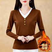 t恤女2025秋冬季 新款 气质爆款 假两件减龄妈妈加绒长袖 内搭打底衫