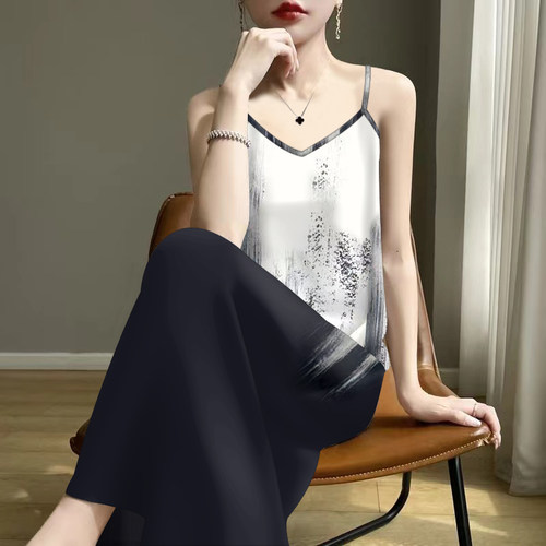 渐变印花百搭显瘦夏季高档女吊带2025内搭V领无袖宽松连衣裙遮肚