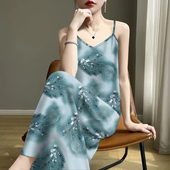 无袖 百搭显瘦夏季 高档女吊带2025内搭V领印花宽松连衣裙遮肚女