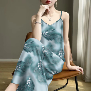 无袖 高档女吊带2025内搭V领印花宽松连衣裙遮肚女 百搭显瘦夏季