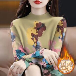 德绒保暖印花T恤女秋冬新款气质妈妈装宽松大码半高领套头打底衫