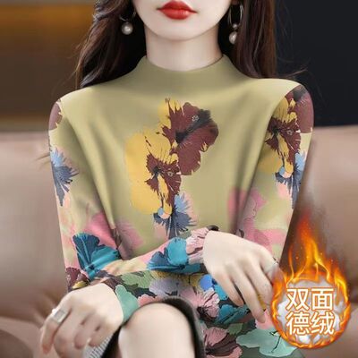德绒保暖印花T恤女秋冬新款气质妈妈装宽松大码半高领套头打底衫