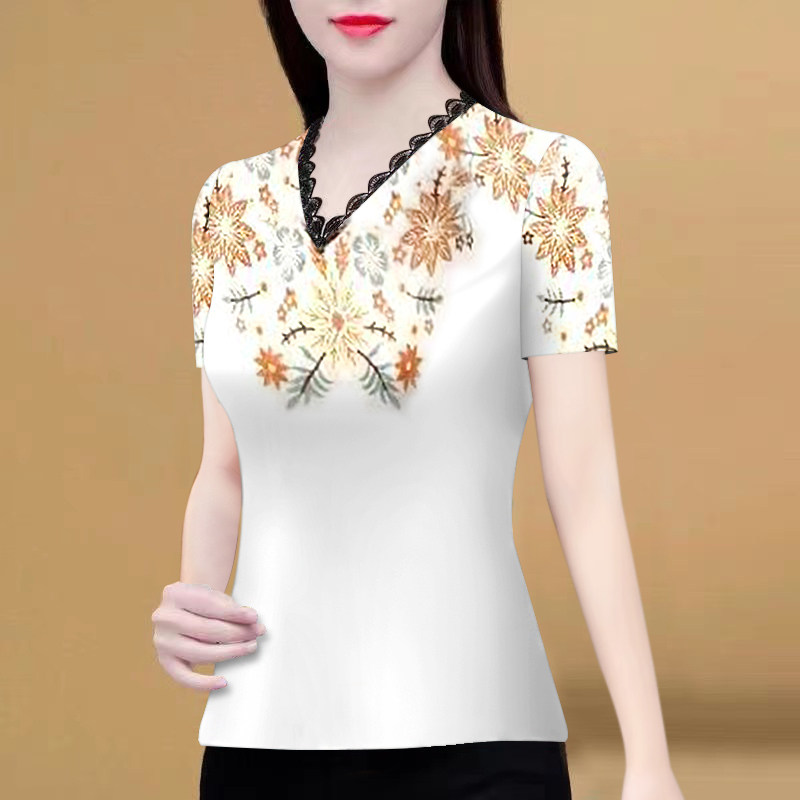 2025中老年民族风蕾丝打底衫女装夏季新款洋气印花v领t恤修身上衣
