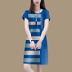 2025夏季 百搭宽松显瘦拼接中长裙 条纹时尚 圆领短袖 连衣裙印花韩版