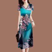 高档印花夏季 女连衣裙V领短袖 修身 2025新款 显瘦中长款 妈妈礼服裙