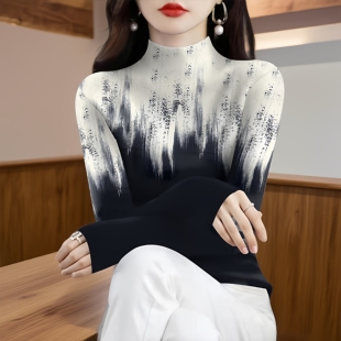 半高领气质百搭秋装女领长袖打底衫新款内搭外穿印花遮肚T恤女