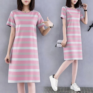 百搭时尚大码韩版衣服宽松短袖条纹遮肚中长款修身外穿连衣裙