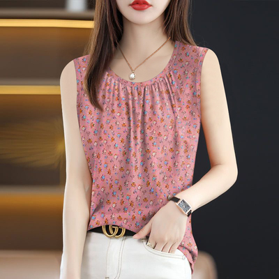 2025高档褶皱女背心夏季无袖打底衫新款内搭外穿印花遮肚吊带女潮